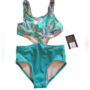 Art Class Girl Size M(8) Swimsuit Green Multicolor Tropical Print One Piece NWT